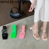 fashion slippers square med heels women sandals slip on narrow band slides brand shoes outdoor flip flops casual sandalias mujer