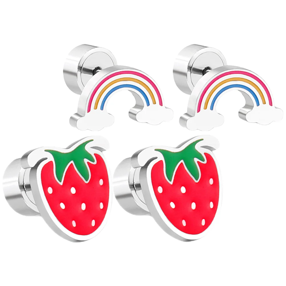 

2 Pairs Strawberry Rainbow Earrings Set Tiny Small Stud Earrings Teen Girls Earrings
