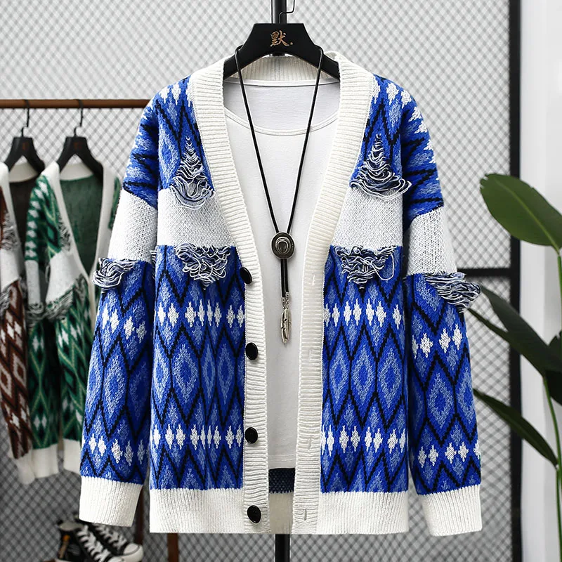 

Harajuku Streetwear Retro Striped Knitwear Cardigan Geometric Patchwork Tassel Men Oversized Raw Edges Ripped Cardigan Sweater