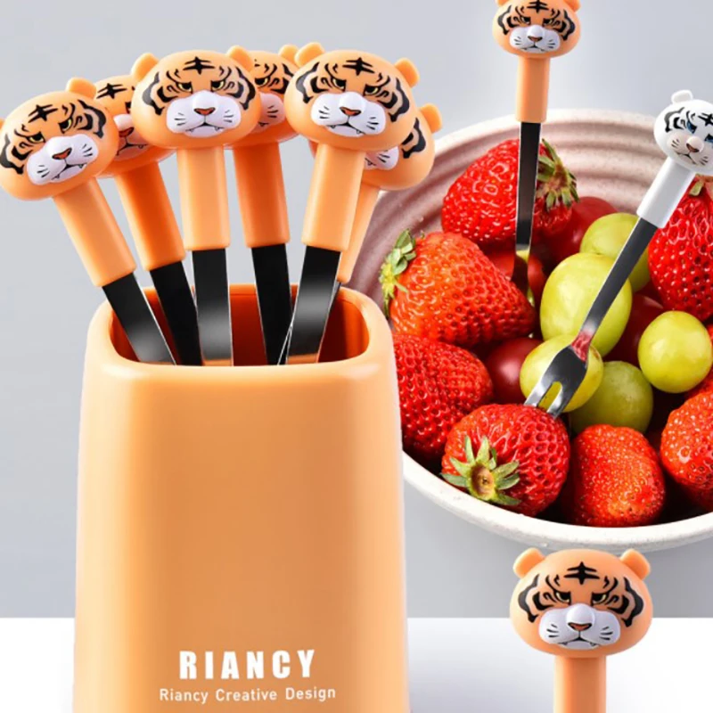 

6Pc/Set Cute Cartoon Stainless Steel Dessert Fruit Forks With Holder Set Kawaii Cow/Tiger/Duck Stainless Steel Вилка Для Фруктов