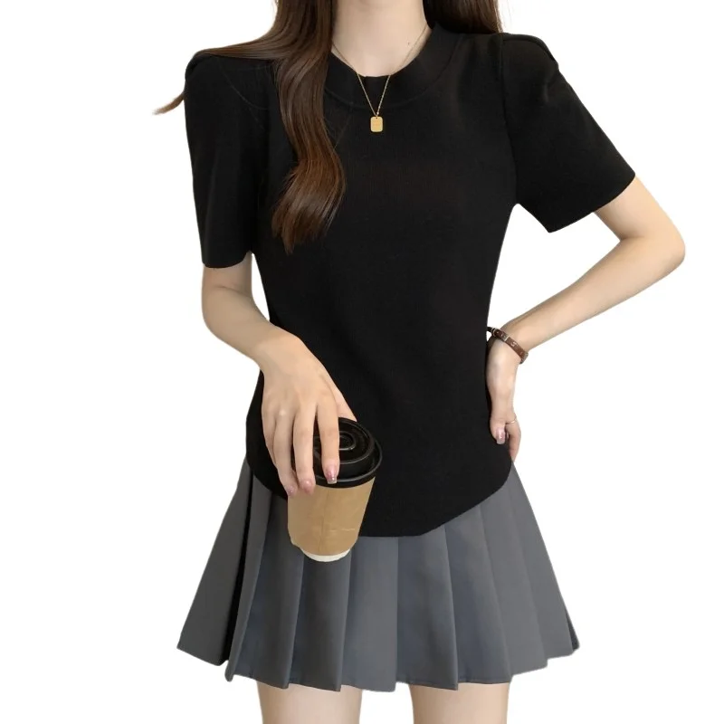 Вязаная Красная футболка из ледяного шелка с коротким рукавом для женщин на