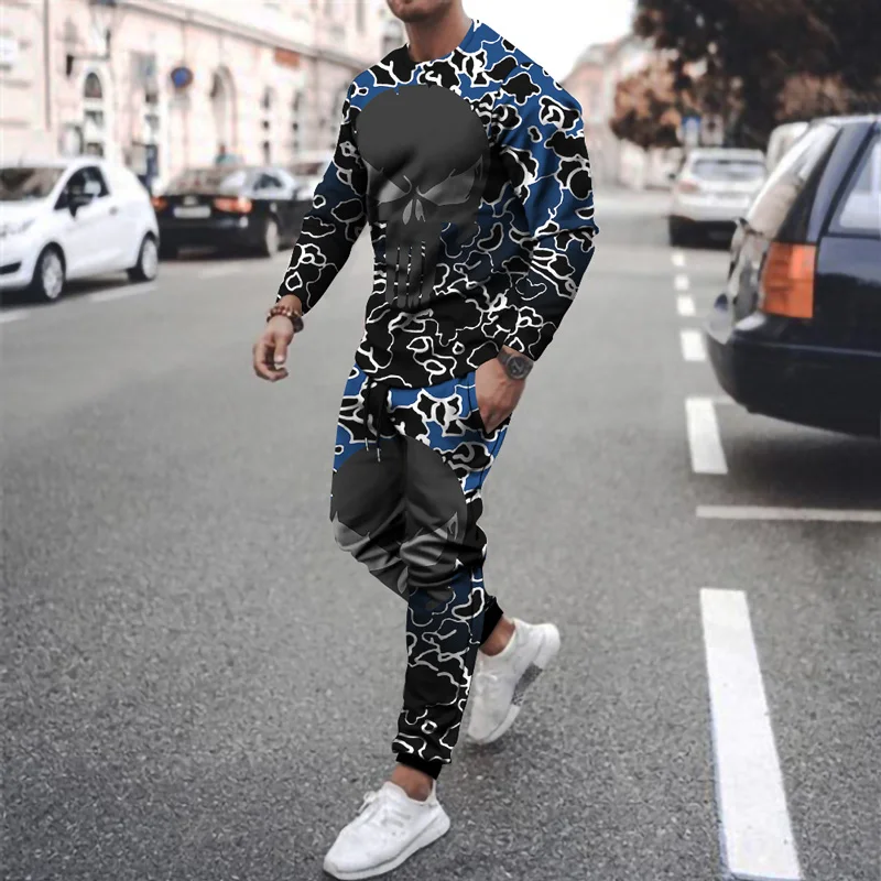 

2021 New 3D Printing Men's Harajuku Long-sleeved Skull Pattern Round Neck Casual Sports Suit Hip-hop Style Men's Two-piece Suit