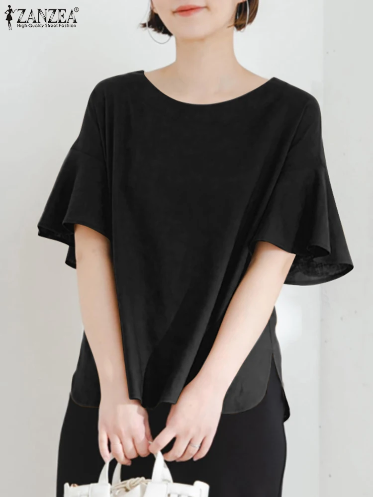 

Коллекция 2023 года, модная летняя блузка ZANZEA с круглым вырезом и коротким Расклешенным рукавом, женская элегантная однотонная туника, топы, Повседневная Свободная рубашка, женские блузы