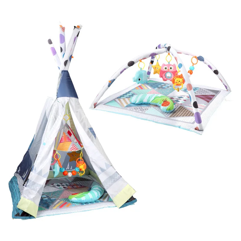 2-in-1 Baby Playmat Gym Activity Center & Easy Convert To Toddler Camping Tent With Hanging Toys & Pillow For Baby Development
