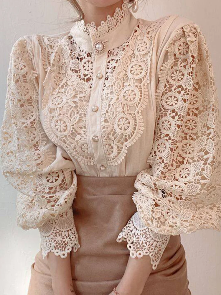 

Stand Collar Lantern Sleeve Apricot White Lace Women Vintage Blouse Shirt Single Breasted Hollow Out Embriodery Top Cotton