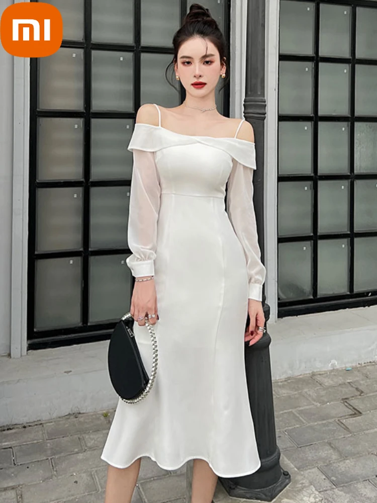 

XIAOMI Spring White France Vintage Dresses Women Retro Elegant Evening Party Midi Dress Designer Casual Korean Style Strap Dress