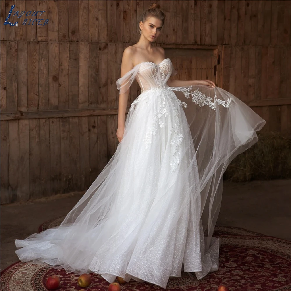 

Gliter Boho Wedding Dress 2022 For Women Sparkly Tulle Off The Shoulder Lace Appliques Pleated Bridal Gown Vestido De Noiva
