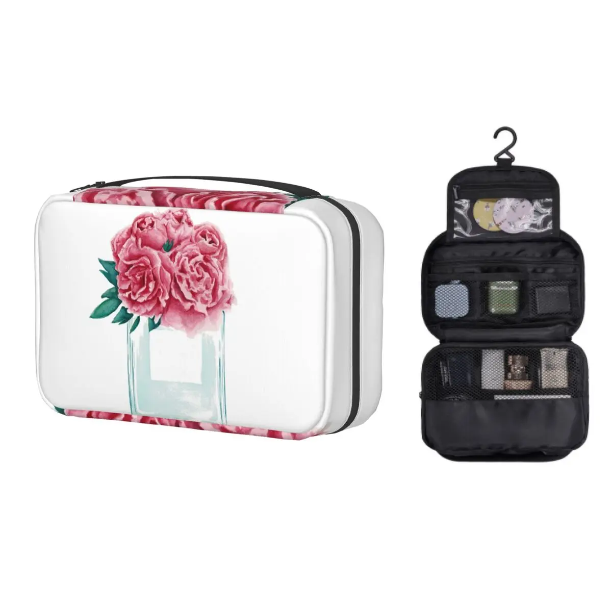 

Hanging Travel Perfume Bottle Toiletry Bag Portable Hand Painted With Pink Flowers Cosmetic Makeup Storage Dopp Kit Box