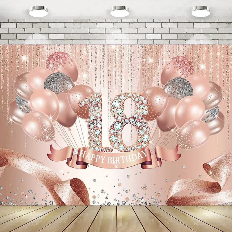 

Розовый Золотой Фон для фотосъемки на 18-й День Рождения украшения для девочек розовые блестящие воздушные шары Алмазный фон сладкий баннер плакат