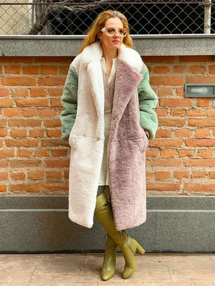

Женская длинная куртка из искусственного кроличьего меха, Элегантная Модная длинная куртка в стиле пэчворк, Женская пушистая розовая верхняя одежда, осень-зима 2023