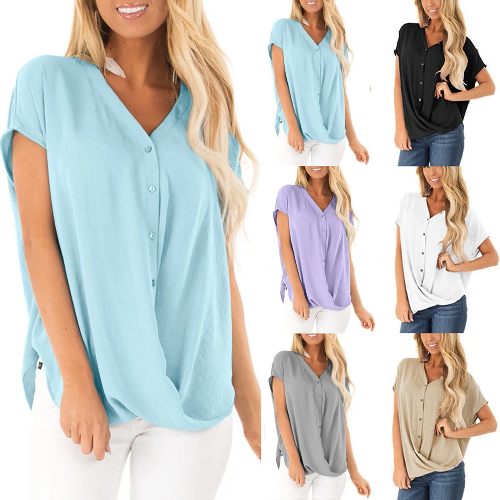 

Женская шифоновая блузка с коротким рукавом и V-образным вырезом