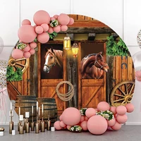 Western Cowboy Round Circle Background Horse Rustic Farm Wood Barn Door Kids Birthday Party Decor Backdrop Elastic Table Covers
