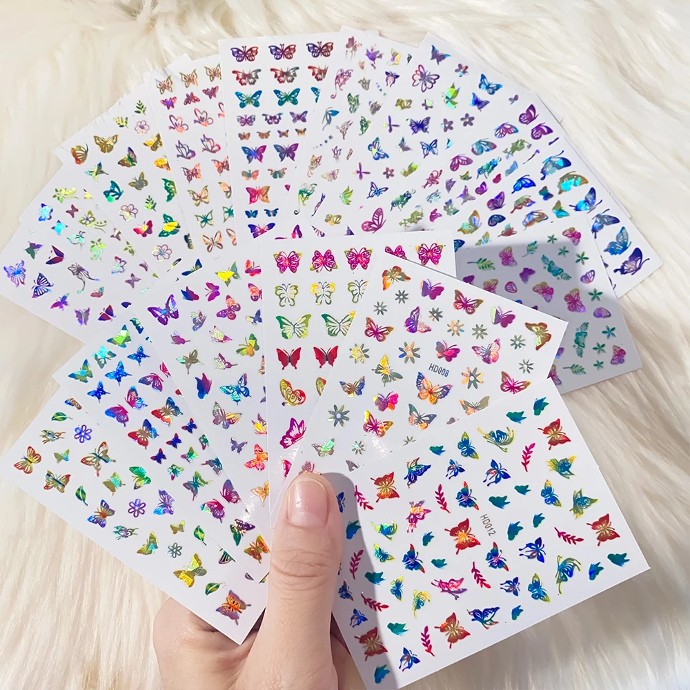 

12/16pcs Bronzing Butterfly Nail Stickers Colorful Gold Sliver Laser Butterfly Self-Adhesive Sliders Holographic Nail Decal Wrap