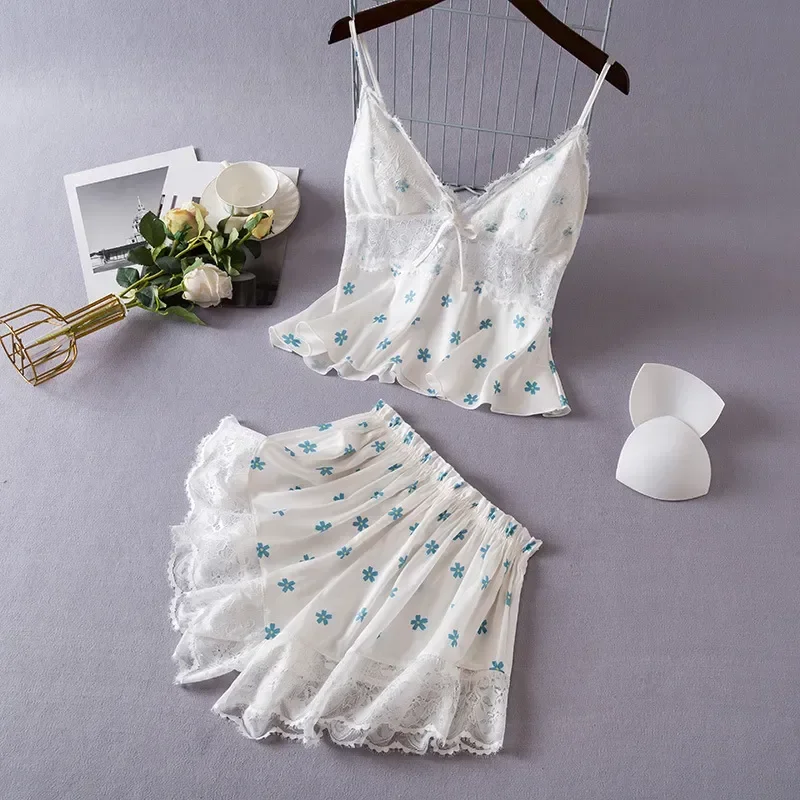 

Комплект женский из двух предметов, летние кружевные короткие женские шорты, шелковая пижама, жилет, комплекты одежды, простое нижнее белье, женское атласное белье