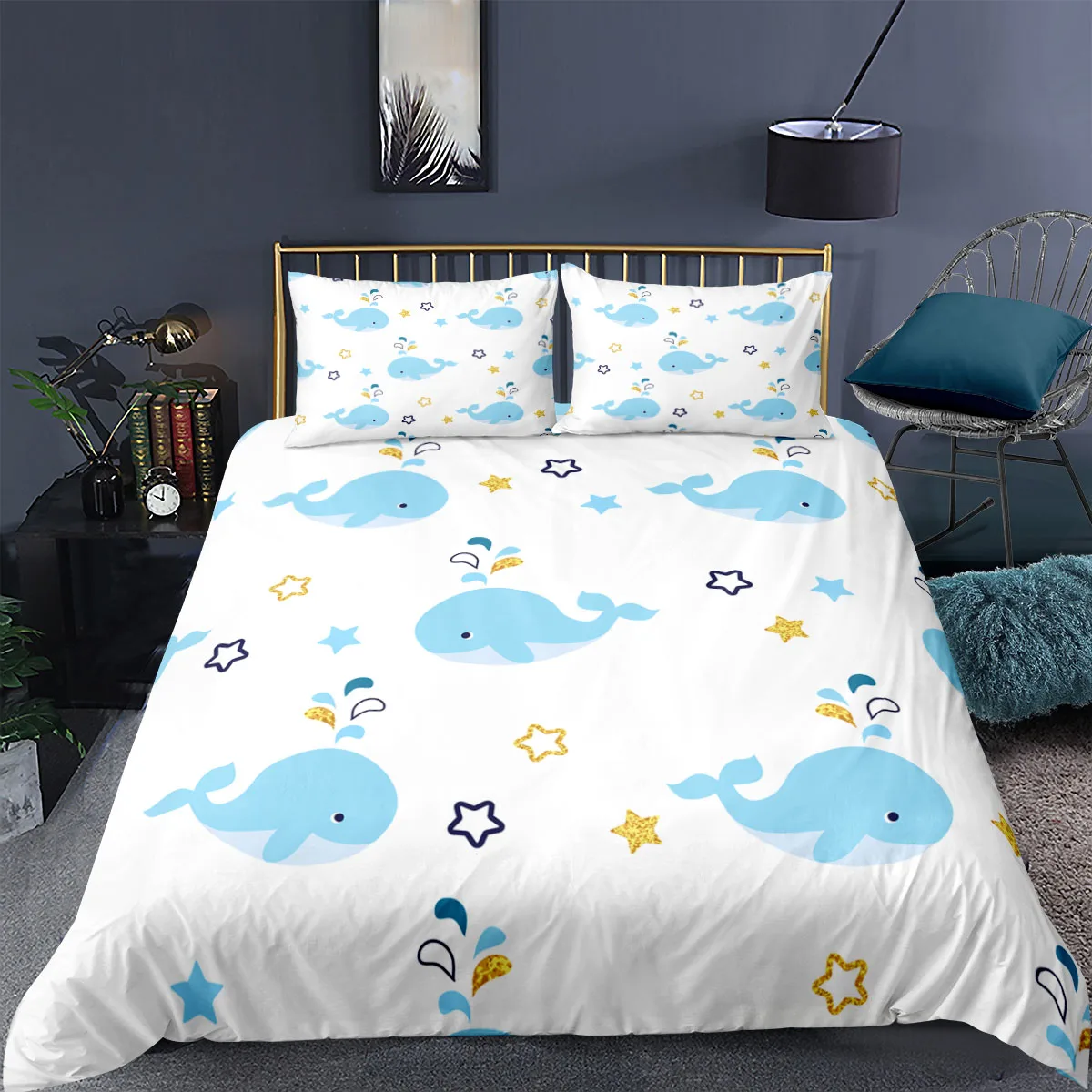 

Duvet Cover Set Animal Whales Bedspreads Bedding Set Ocean Blue Watercolor Bedclothes 2/3pcs Bed Cover Caroon Whale Seahorse