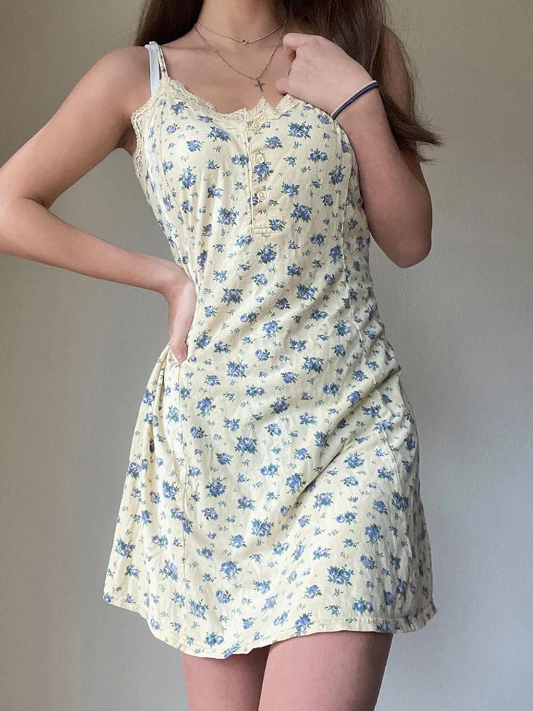

Rockmore Sweet Cute Floral Dress Women Y2K Aesthetic Print Camis Dresses Sleeveless A-Line Mini Sundress Holiday Summer Korean