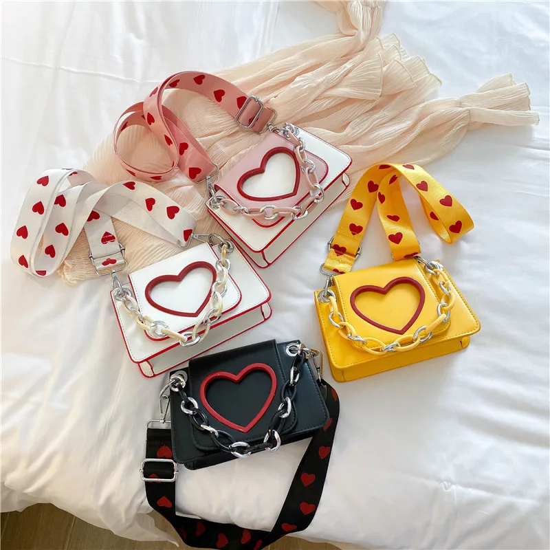 New Girls' Bag Love Adjustable Wide Shoulder Strap Crossbody Shoulder Bag Net Red Qing New Girls' Handheld Small Square Bag