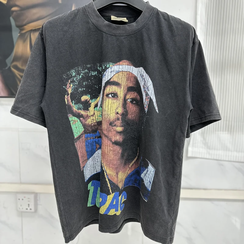 Потертая футболка Tupac с круглым вырезом и коротким рукавом High Street Trend мужская