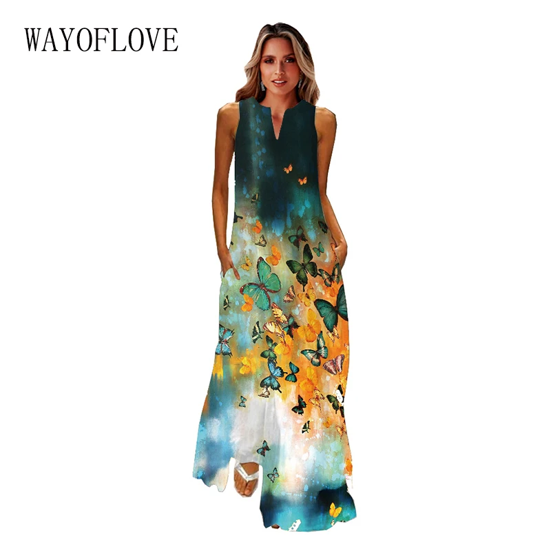 

WAYOFLOVE Spring Summer Long Dress Beach Casual Holiday 3D Printing Dresses Woman Party Elegant Sleeveless V Neck Female Dress