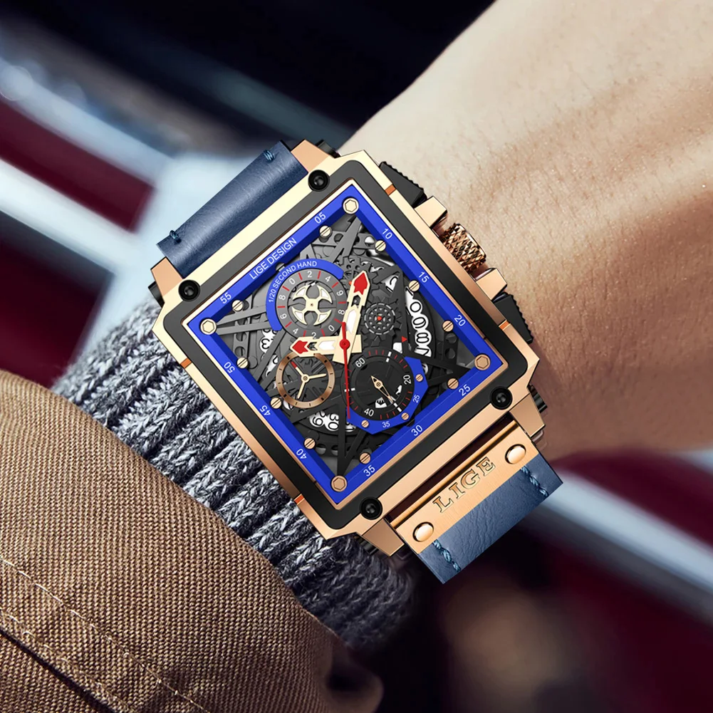 2023 New LIGE Men Watches Top Brand Luxury Hollow Square Sport Watch For Men Fashion Leather Strap Waterproof Quartz WristWatch