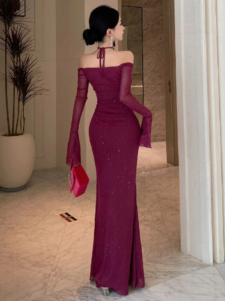 Сексуальное сетчатое облегающее платье макси для женщин с расклешенными