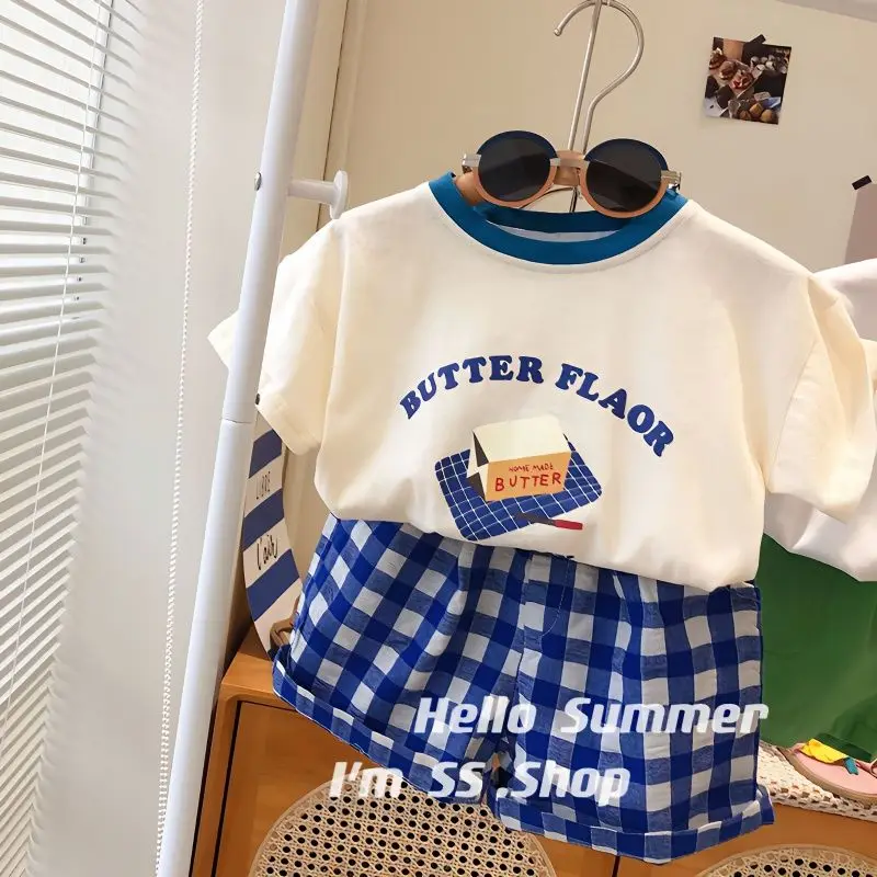

Boys' Children's Sets Children's Clothing Casual Set Summer T-shirt Shorts Set Kids' Letter Print+Plaid Shorts Clothes Girls