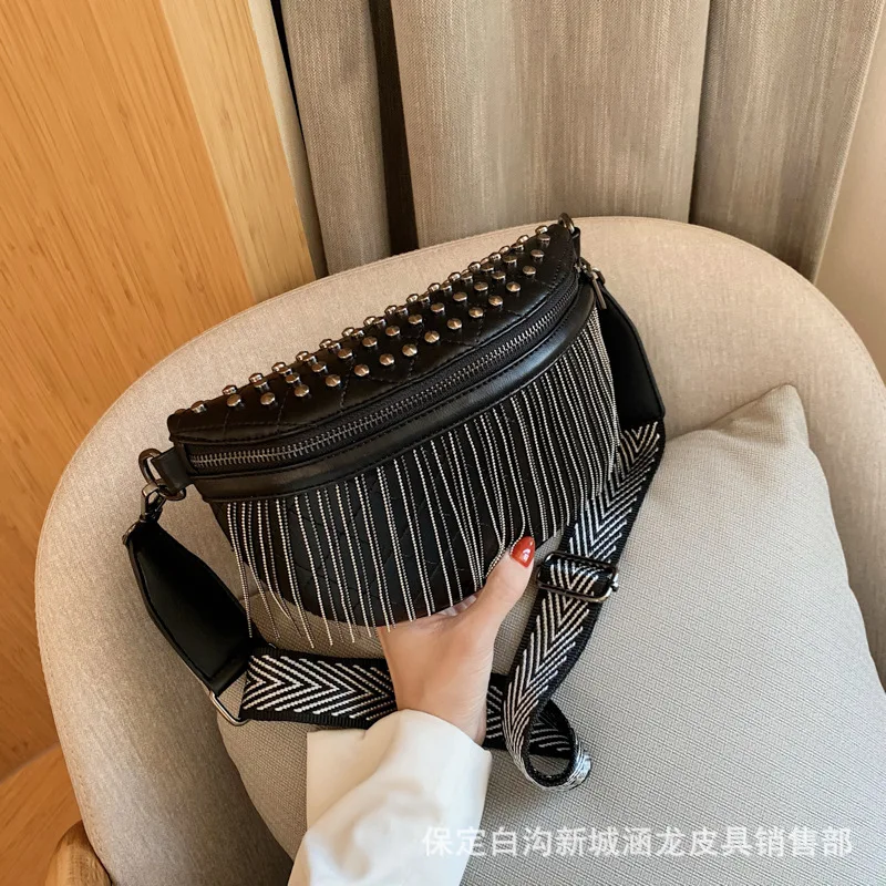 Korean Style Chest Bags For Ladies Trendy Fashion Wide Strap Crossbody Messenger Waist Bag Texture Rivet Tassel Ladies Chest Pac