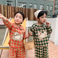 2022 spring autumn unisex children casual plaid patch pajama sets boys and girls cotton cartoon loungewear