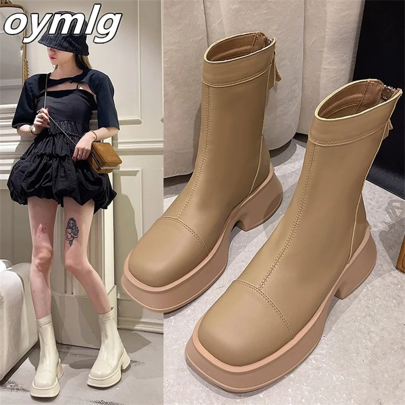 

Thick-soled mid-tube thin boots women's 2022 new summer thin back zip Chelsea square-toe short boots platform shoes