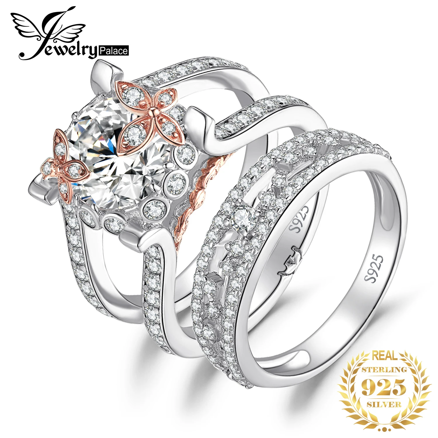 

JewelryPalace 2 шт 3ct AAAAA CZ 925 пробы серебряные Свадебные обручальные кольца для женщин розовое золото имитация алмазные ювелирные наборы