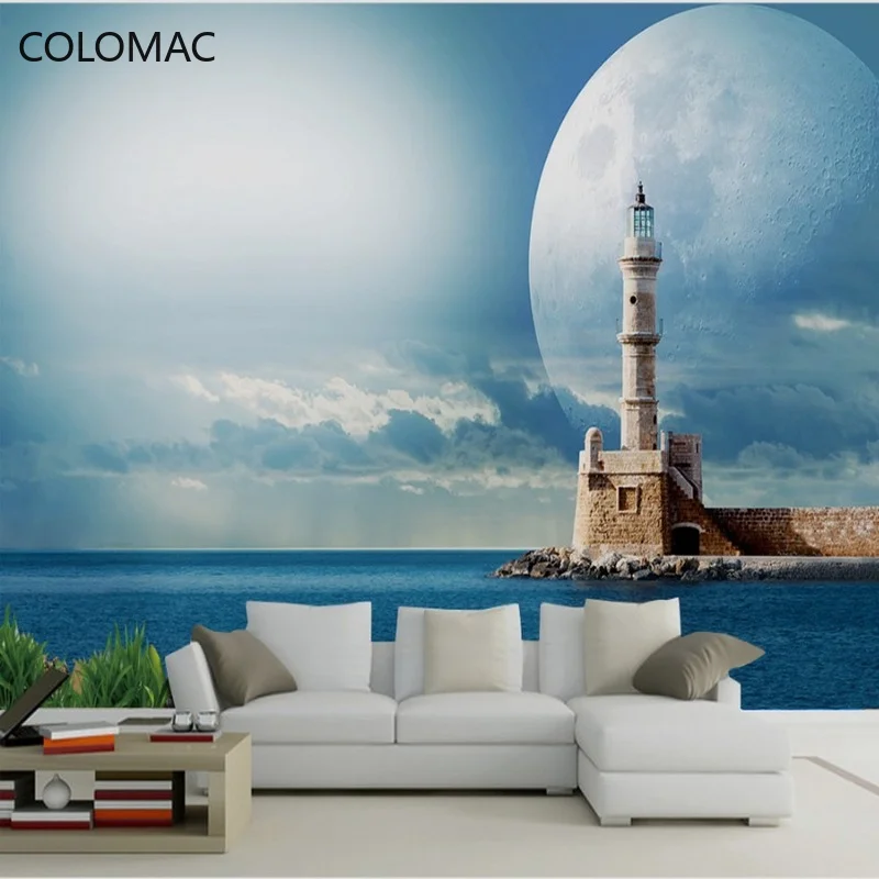 

Colomac Custom Modern 3D Fresh Landscape Mural Lighthouse Sky Moon Sofa Background Wallpaper Dropshipping