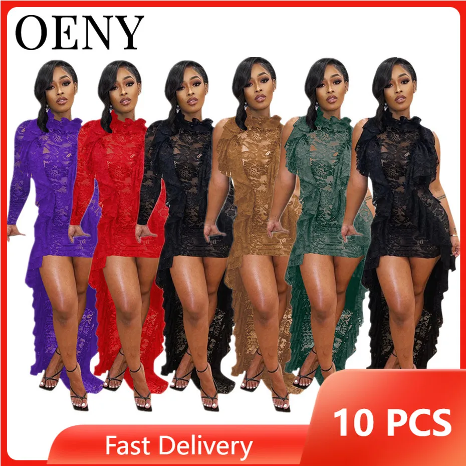 

Summer Women Sexy Lace Perspective Mini Long Sleeved Dress Fashion Lotus Leaf Collar Irregular Mop Dress Wholesale Bulk O9338