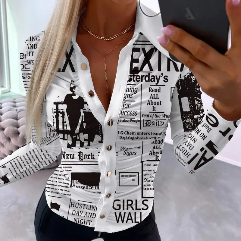 

Женский однобортный Топ на пуговицах, Повседневная модная рубашка с длинным рукавом и принтом газет, с рюшами