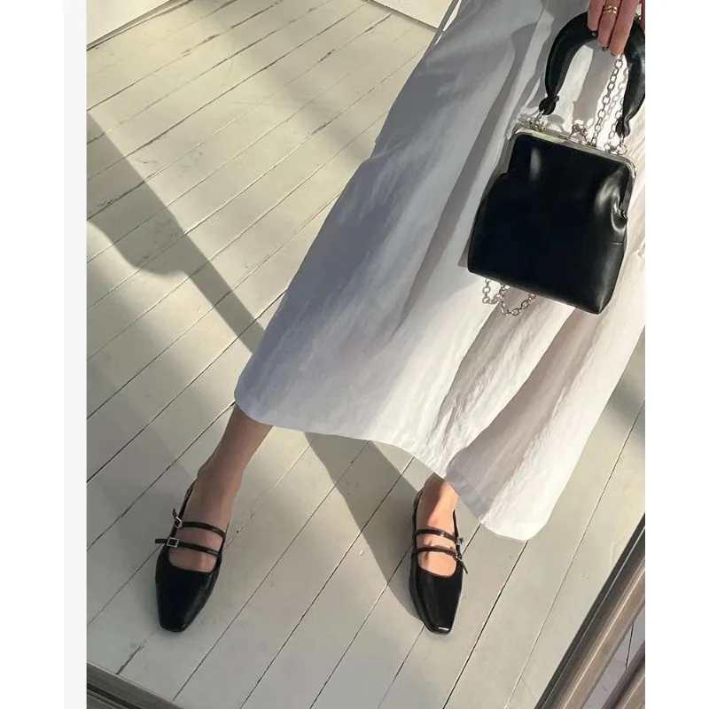 Eleganckie damskie baletki z płaską podeszwą Designerskie zakładki ze skóry bez sznurówek Wygodna miękka podeszwa Kwadratowe ...