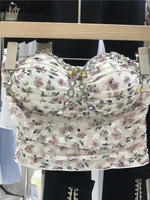 fashion floral pleated diamond short tube top for ladies 2022 summer new sexy backless slim fit lace top female