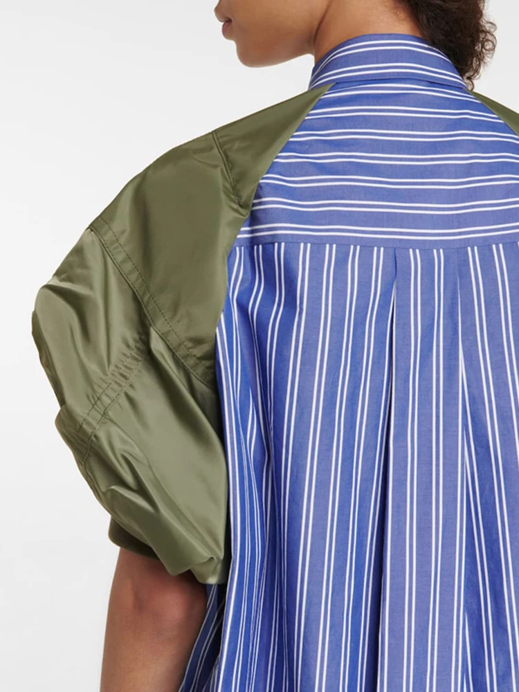 Женское платье-рубашка с отложным воротником коротким рукавом-фонариком и