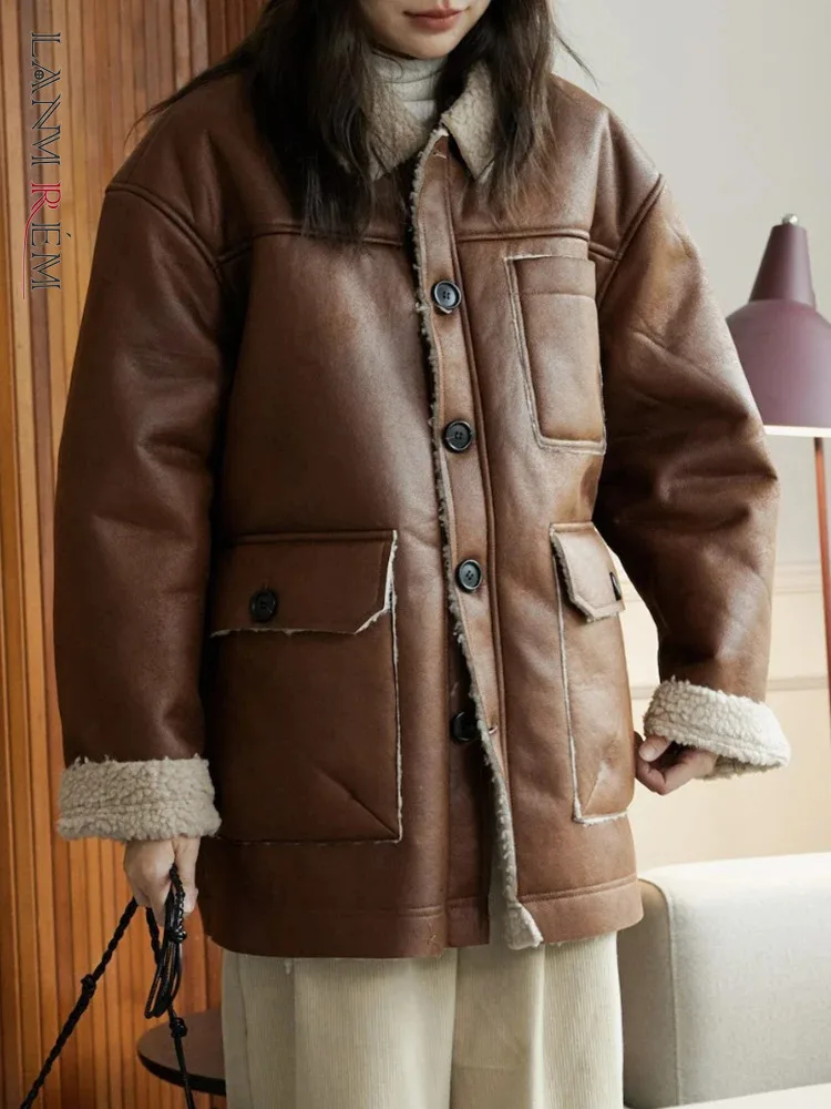 

Винтажные толстые теплые куртки [LANMREM] из искусственного меха для женщин, однобортные пальто с отворотом и длинным рукавом для женщин, новинка зимы 2023, 26D6947