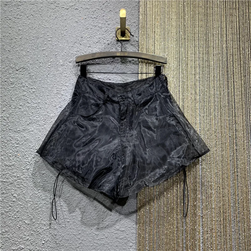 European Station Fake 2-Piece Mesh Casual Short Pants Women 2023 Summer New High Waist A-line Wide Leg Slim Fit Shorts Hot Pants