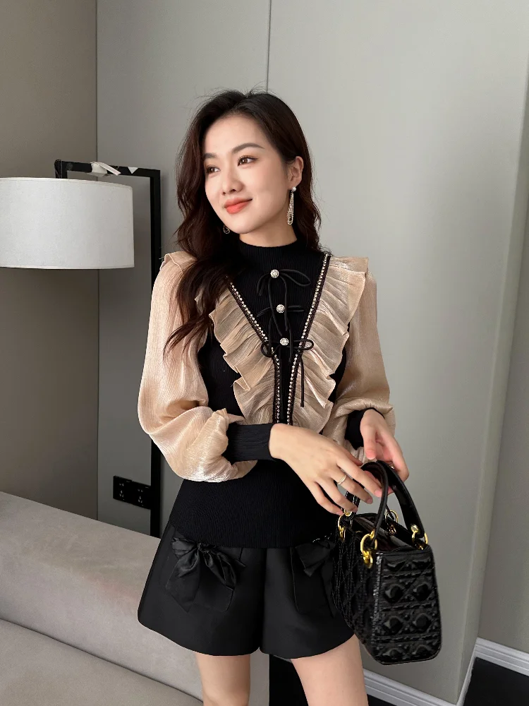 2024 зимняя уличная модная утягивающая толстовка с бантом и длинными рукавами