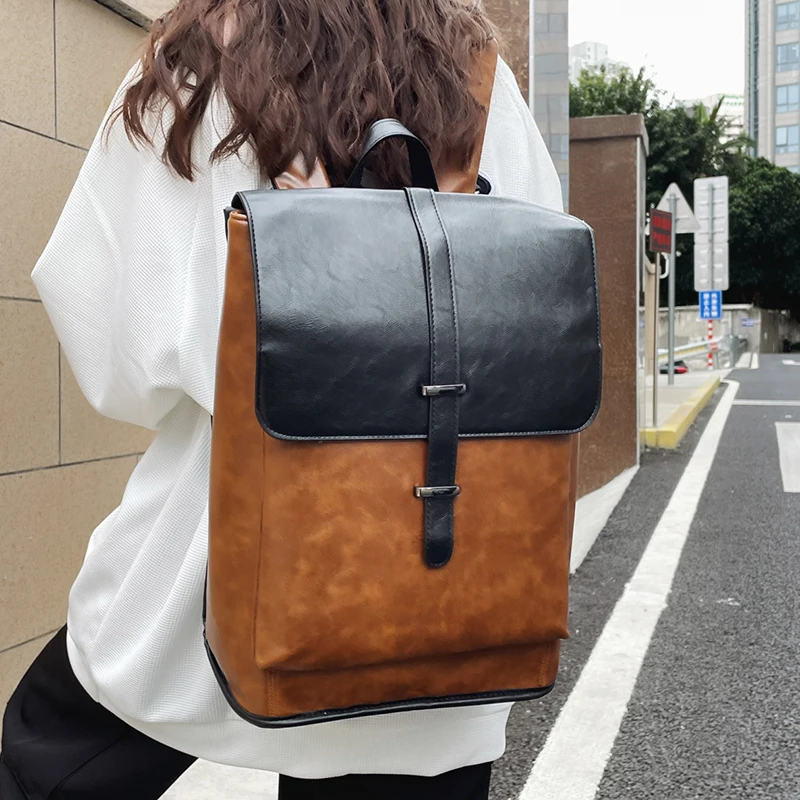 

Backpack Casual Backpacks Leather For Color Retro Large Men Travel Patchwork Laptop Mochilas Schoolbag Fashion Boys Teenagers