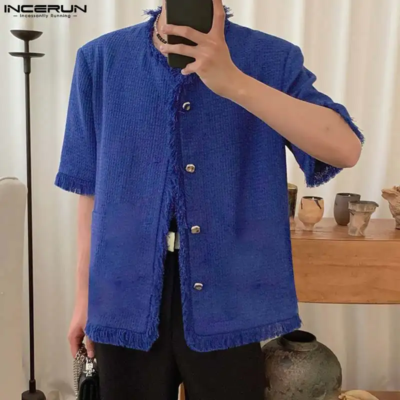 

INCERUN Men Shirt Tassel Short Sleeve Button Up Streetwear Solid Color Casual Shirts Summer 2023 Korean Fashion Men Clothing
