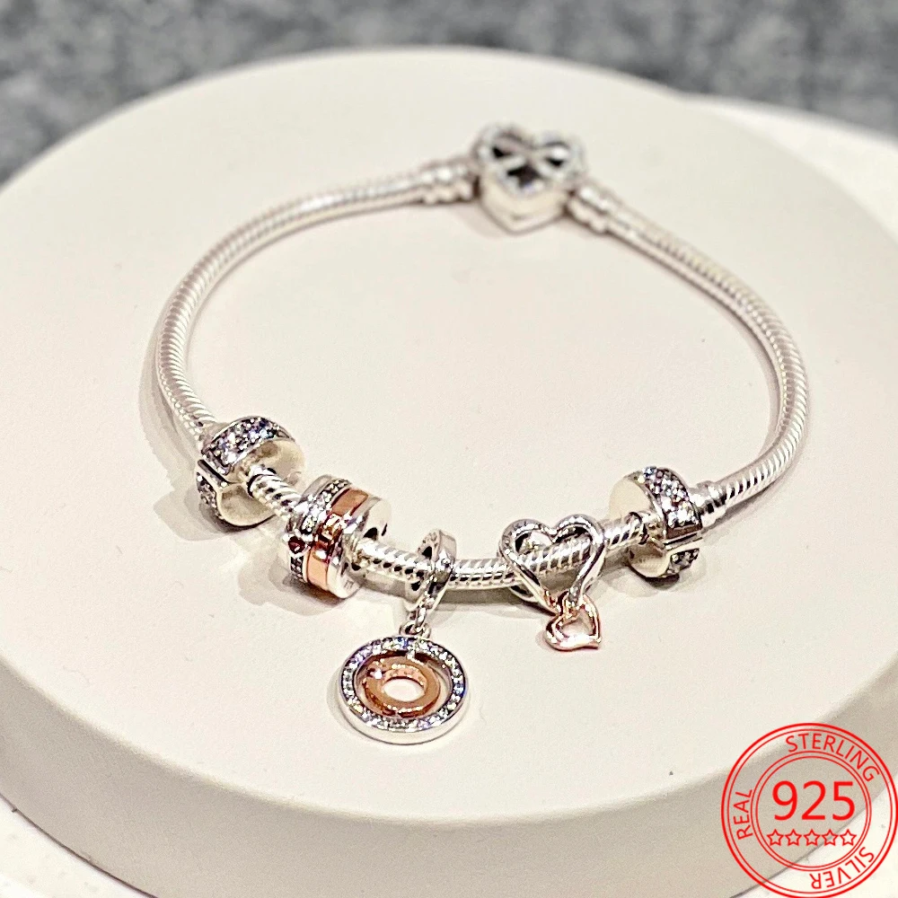 Классический браслет из стерлингового серебра 925 пробы розовое золото сердце