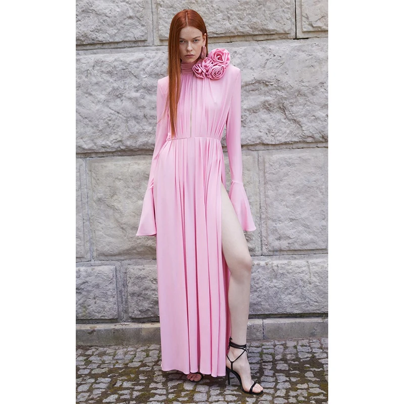 2023 New Vintage Flared Sleeve Detachable Rose Flower Pad Shoulder Women Pleated Long Pink Dress