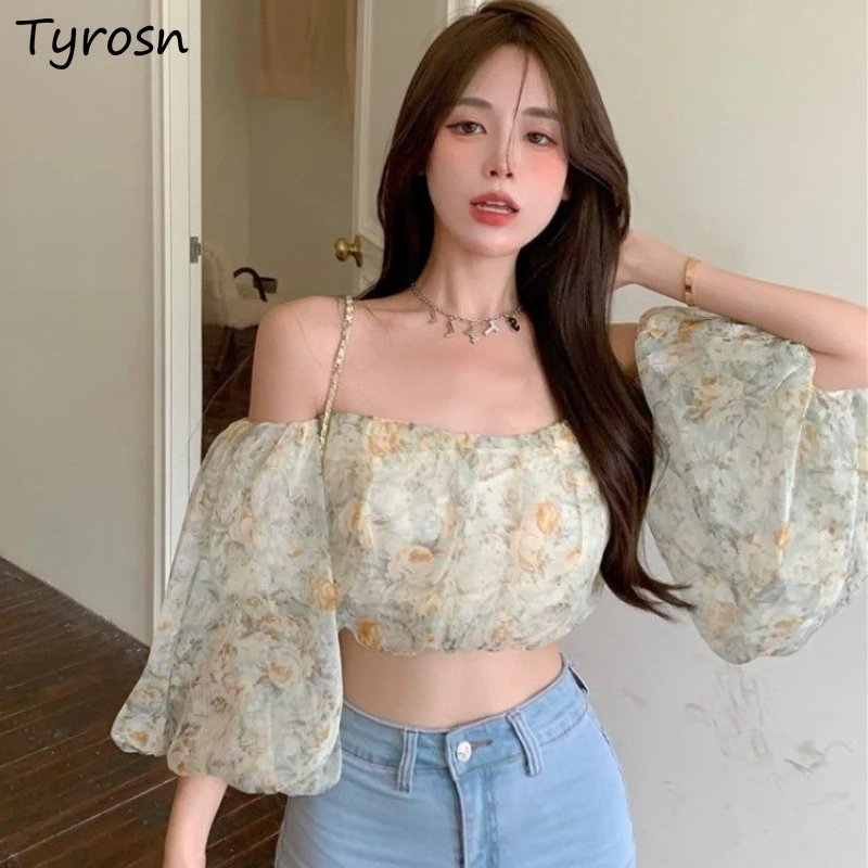 

Blouse Women Floral Sweet Elegant Simple Leisure Slash Neck Chic Lantern Sleeve Summer Design French Style All-match Crop Tops