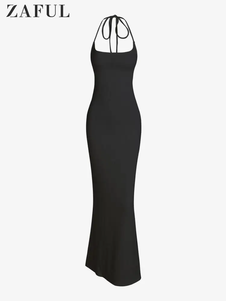 

ZAFUL Ribbed Tie Shoulder Open Back Slinky Cami Vegas Evening Dress for Women Fashion ZF507642201