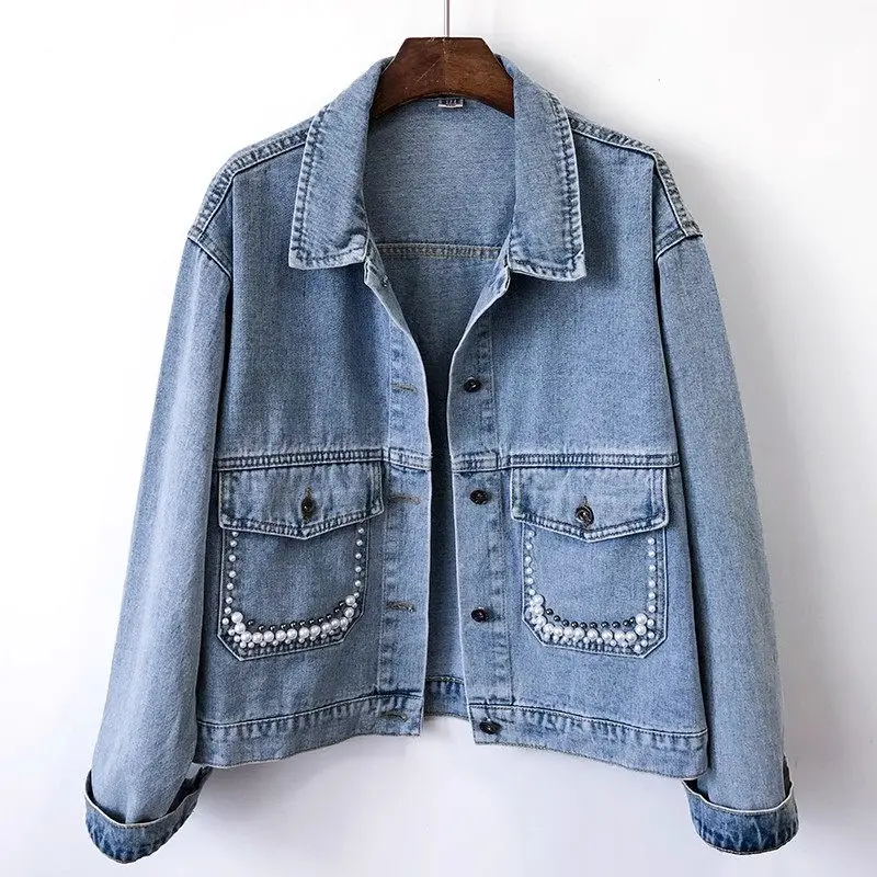 

Design Fashion Beading Short Denim Jacket For Women Spring Autumn 2023 New Light Color Popular Top Coat Mujer Chaqueta Z1623