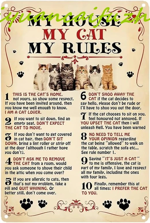 SJKY Robert Art My House Cat Rules - Винтажное украшение стены кота Любители кошек Оловянные