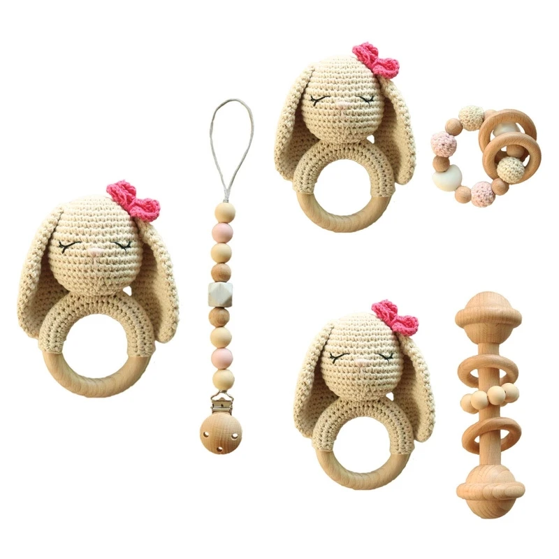 

Baby Pacifier Chain Clip Dummy Nipple Holder Wooden Bracelet Crochet Rabbit Rattle Hand Bell Teething Toy Soother Molar Infants