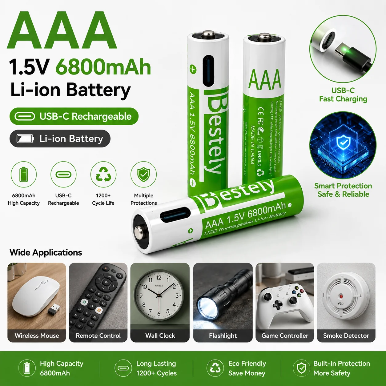 Фото Аккумулятор Type-C AAA, литиевый, 6800 мАч, с длительным временем работы, для беспроводных устройств, пультов ДУ, фонариков, камер №2