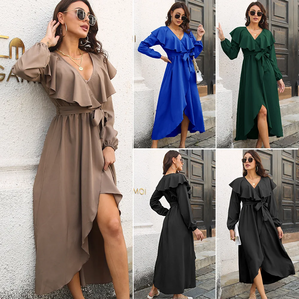

Ruffled V-neck High Low Long Sleeve Mid Dress